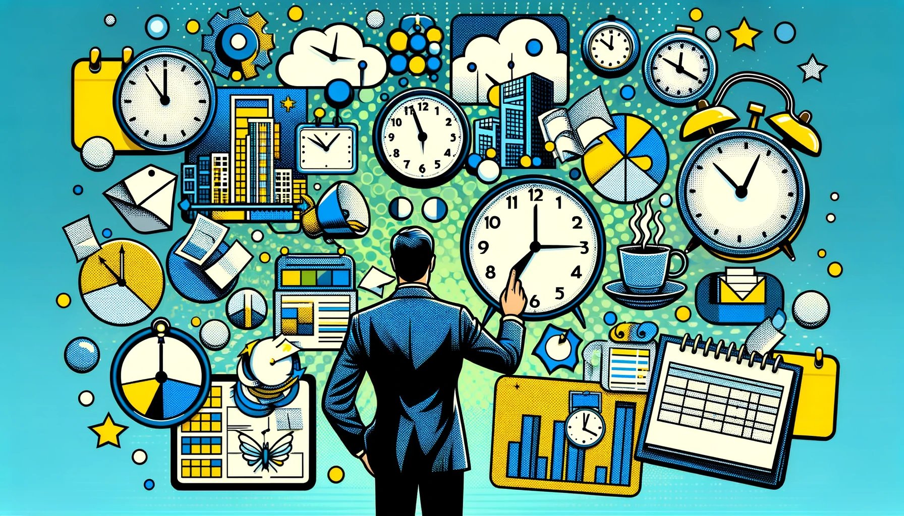 DALL·E 2024-03-19 11.44.09 - Design a pop art style image that captures the theme of time management for business owners, infused with the visual style and color palette of blues,