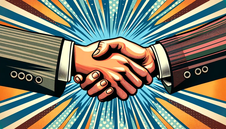 DALL·E 2024-03-26 15.47.04 - Create a pop art image that extends fully to the edges, showcasing two hands shaking in a business partnership, with each hand correctly displaying al