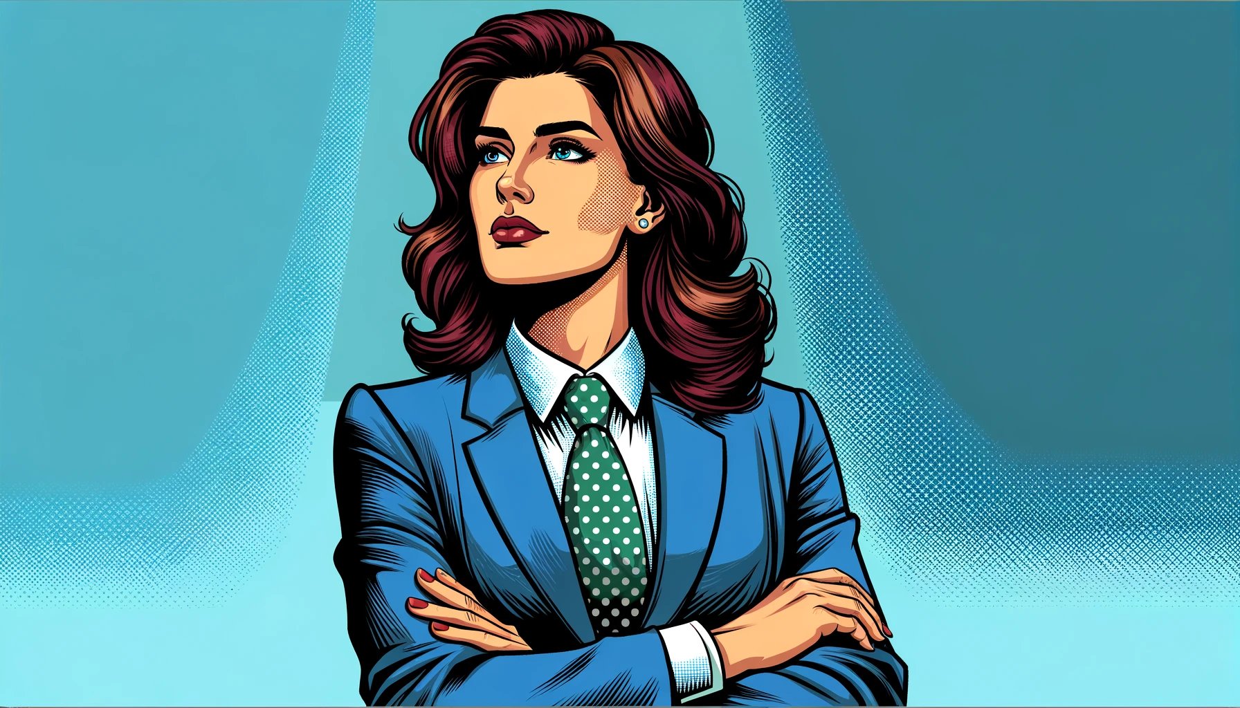 DALL·E 2024-04-15 16.48.58 - A professional and dignified portrayal of a female businesswoman in a vibrant pop art style illustration, focusing solely on her leadership and confid