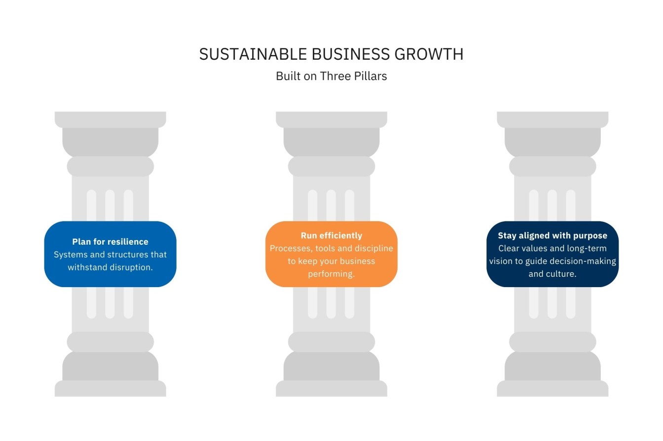 Three-pillar diagram showing resilience, operational stability, and purpose as the foundations of sustainable business growth